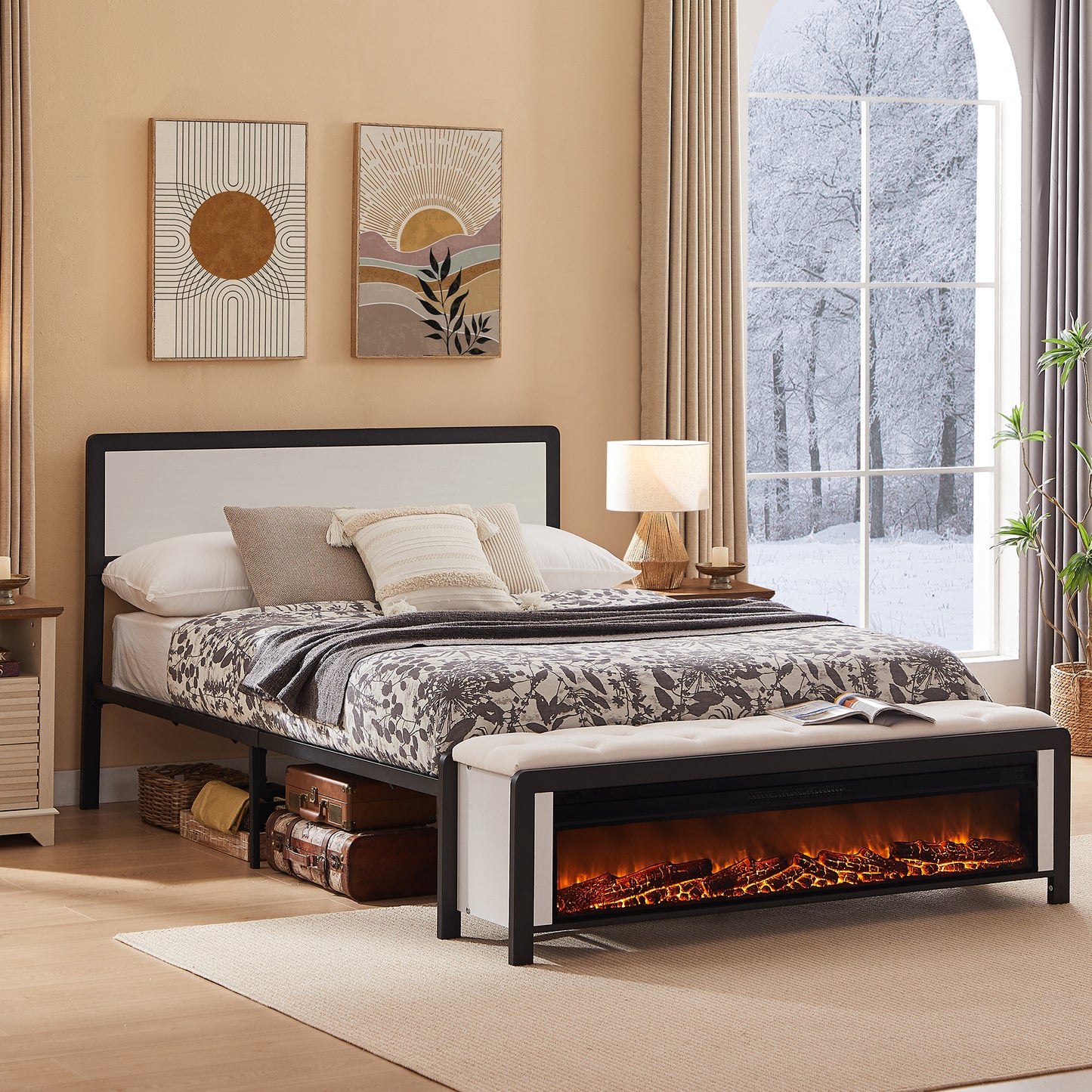 OKD Bed Frame with 48/54 Wide Electric Fireplace, Metal Platform with Button Upholstered Bench