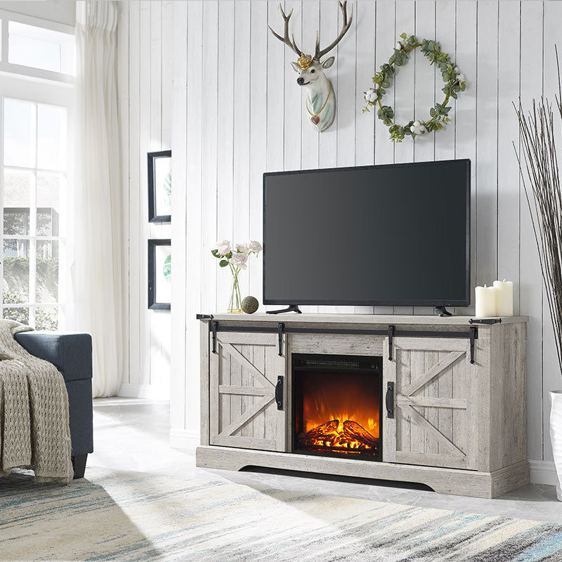 OKD Industrial Farmhouse TV Stand with 18 Inch Electric Fireplace, Up to 65+ Inch TV