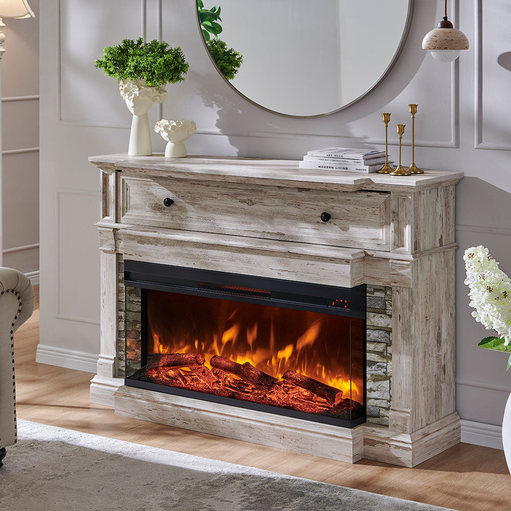 OKD 52 inch Electric Fireplace with Mantel with 36" 3-Side Glass Insert