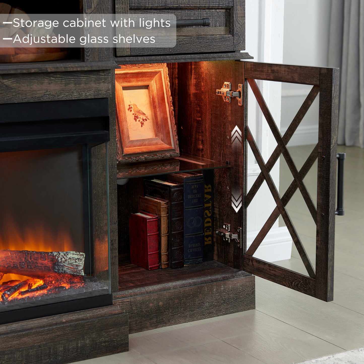 OKD 3-Sided Industrial Farmhouse Electric Fireplace TV Stand With Storage
