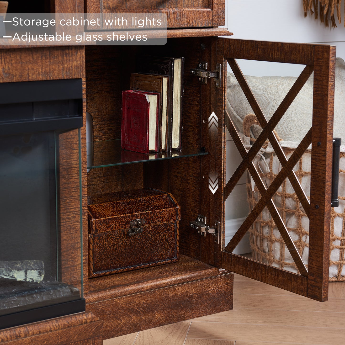 OKD 3-Sided Industrial Farmhouse Electric Fireplace TV Stand With Storage
