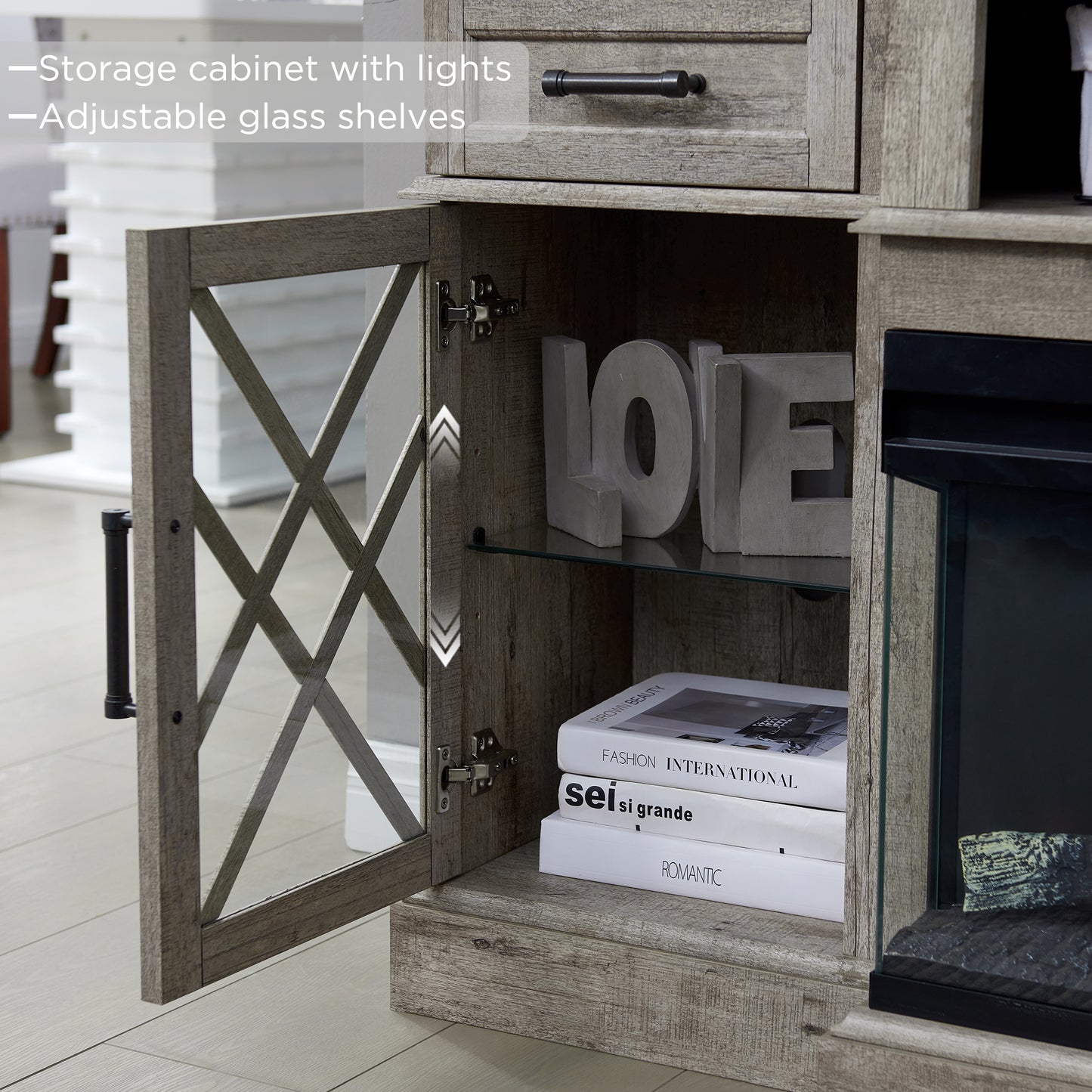 OKD 3-Sided Industrial Farmhouse Electric Fireplace TV Stand With Storage