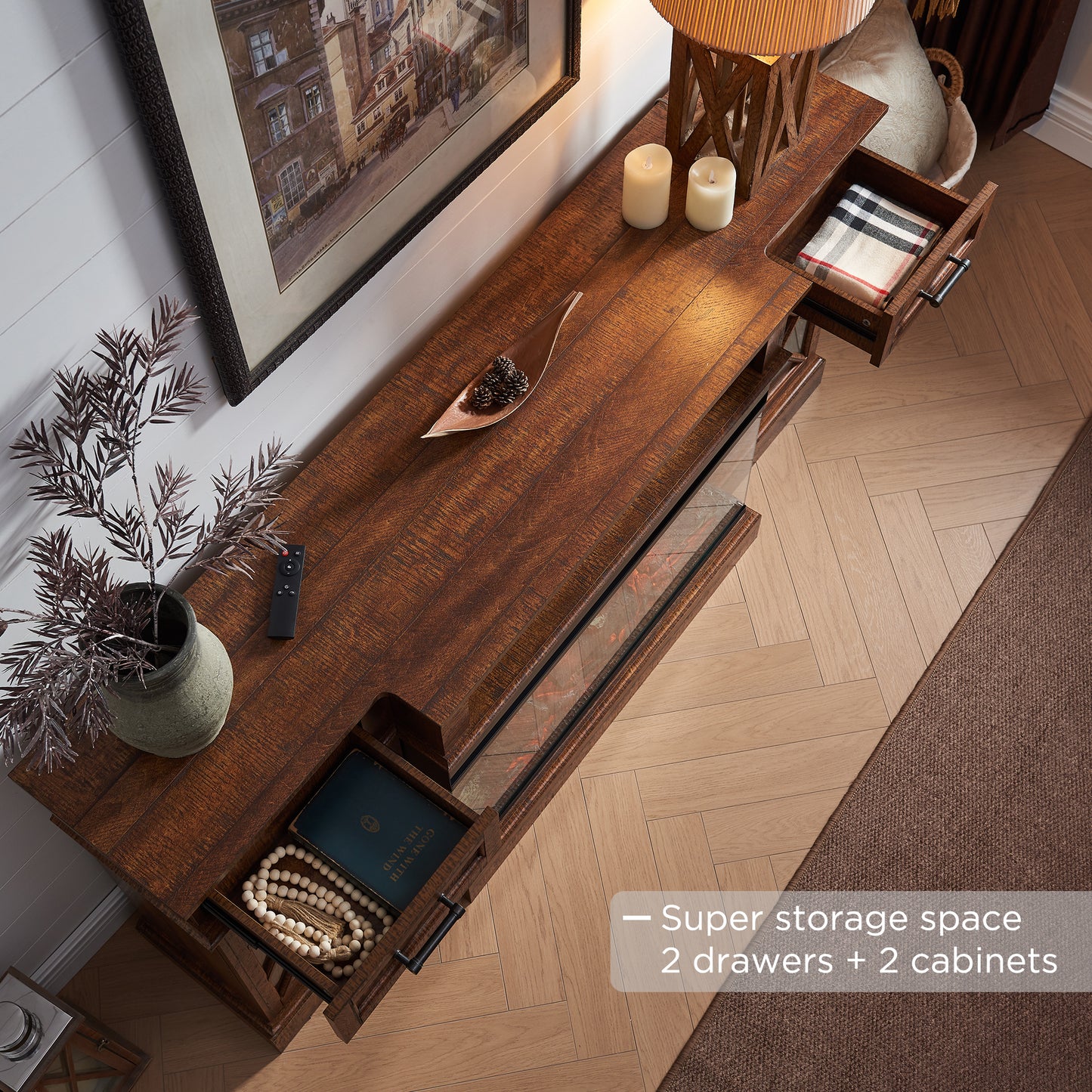 OKD 3-Sided Industrial Farmhouse Electric Fireplace TV Stand With Storage