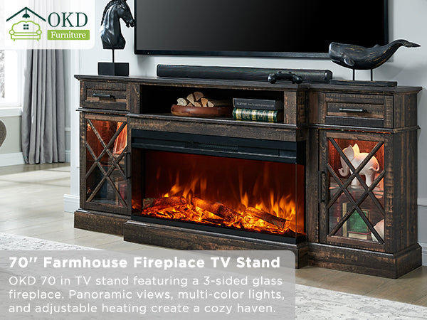 OKD 3-Sided Industrial Farmhouse Electric Fireplace TV Stand With Storage