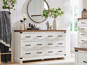 OKD Wood Farmhouse 6 Drawers Double Dresser for Bedroom