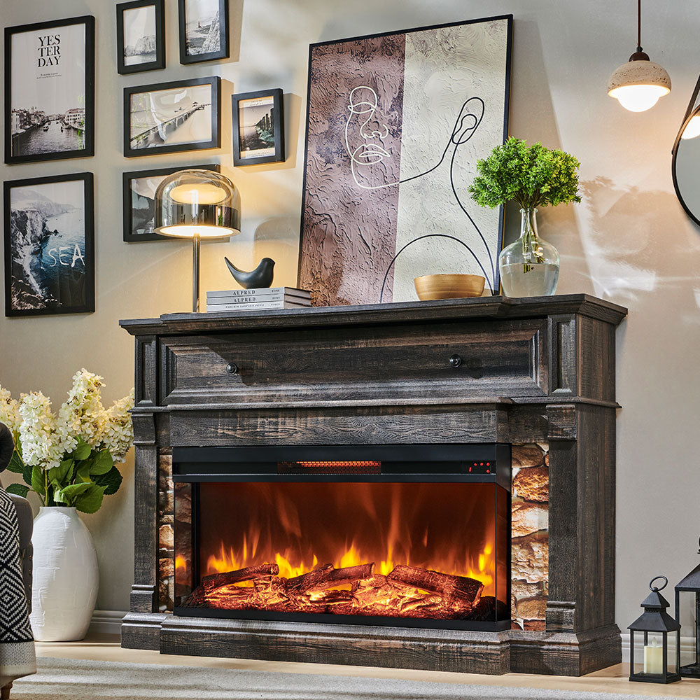 OKD 52 inch Electric Fireplace with Mantel with 36" 3-Side Glass Insert