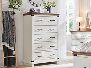 OKD Farmhouse 5 Drawers Chest for Bedroom, Wood Tall Chest of Drawers