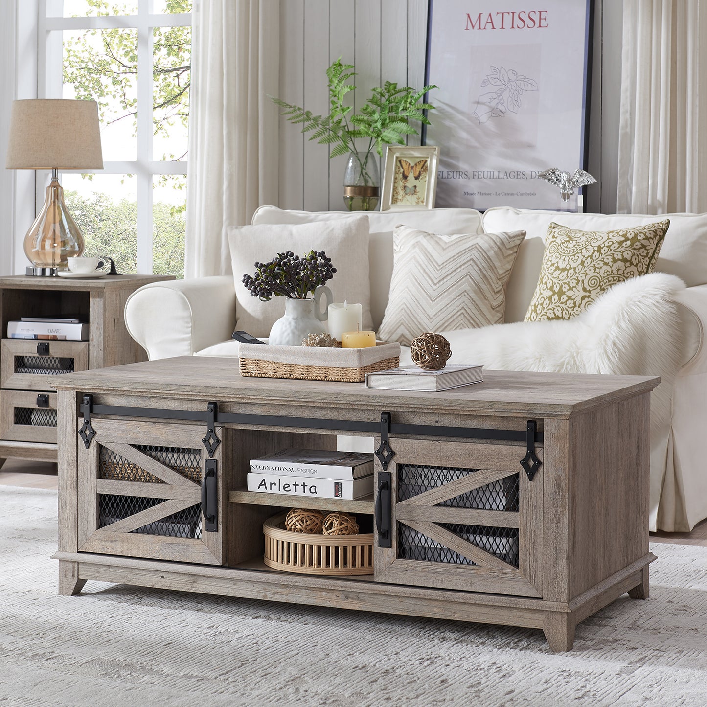 OKD Farmhouse Coffee Table with Sliding Barn Doors