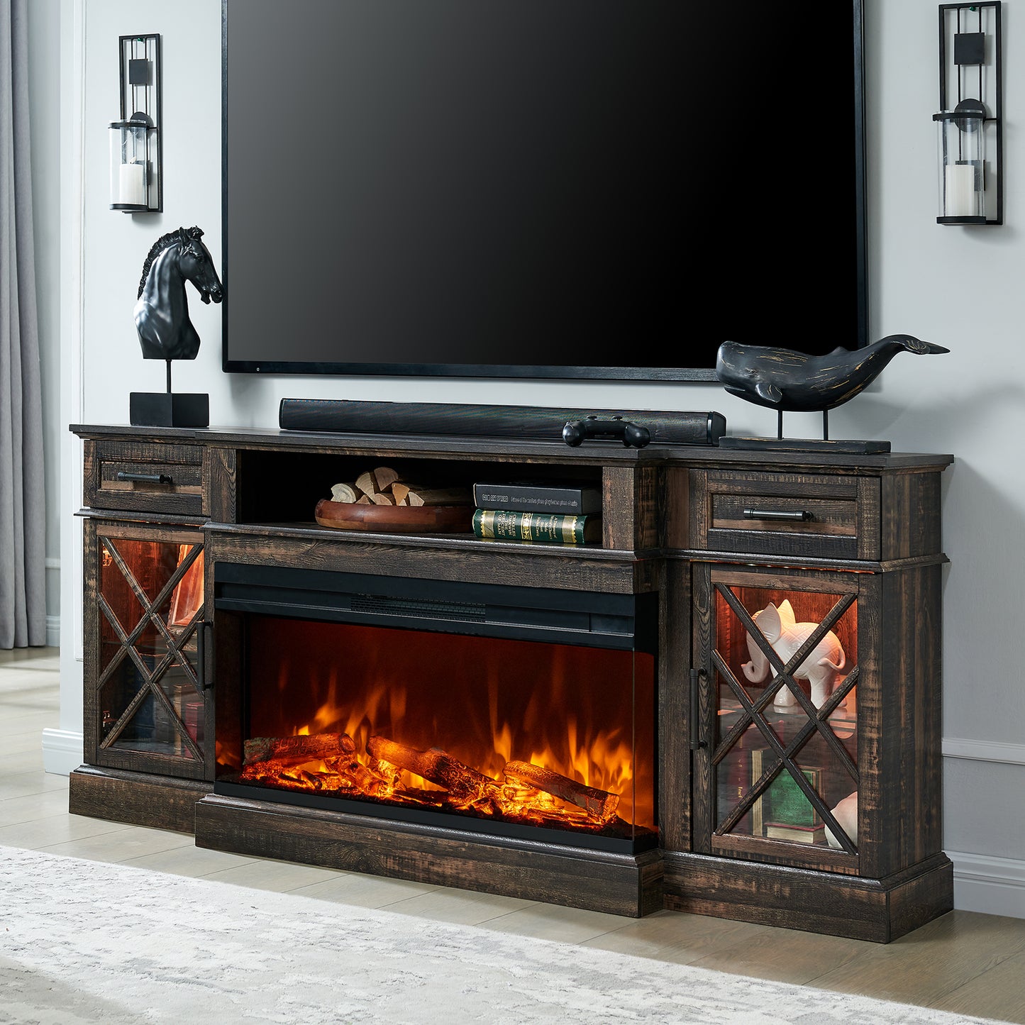 OKD 3-Sided Industrial Farmhouse Electric Fireplace TV Stand With Storage