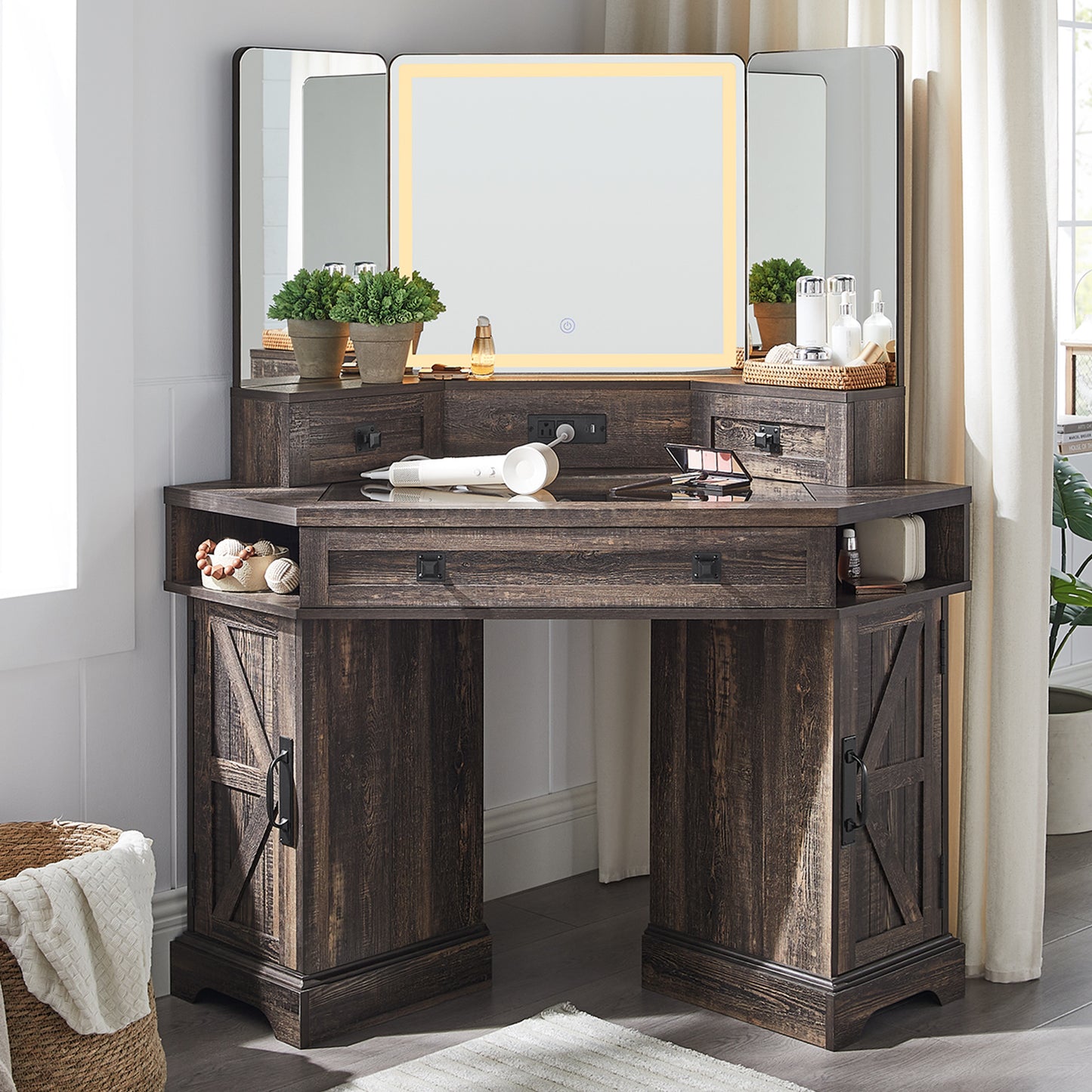 OKD 48" Corner Vanity Desk with Lighted Mirror & Charging Station, Farmhouse Makeup Vanity Table with Glass Top, 3 Drawers & 2 Cabinets