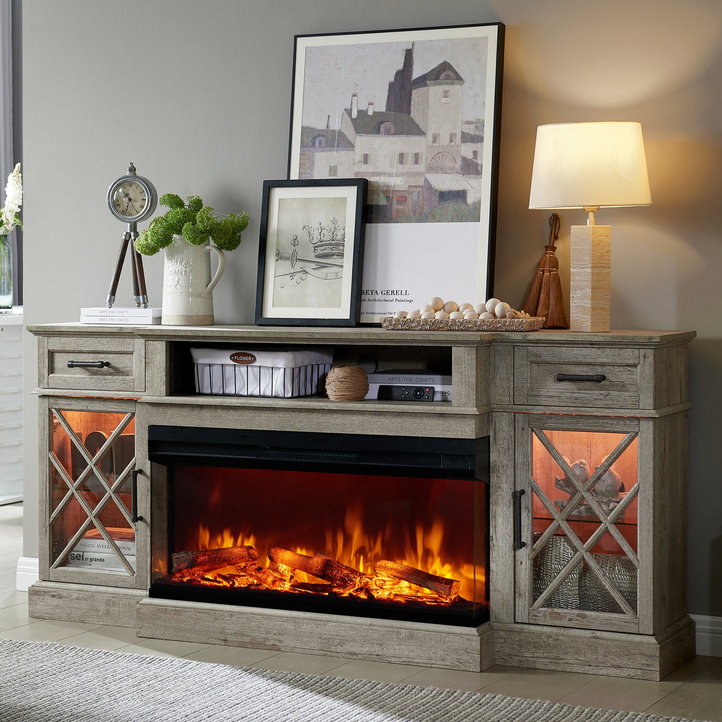 OKD 3-Sided Industrial Farmhouse Electric Fireplace TV Stand With Storage