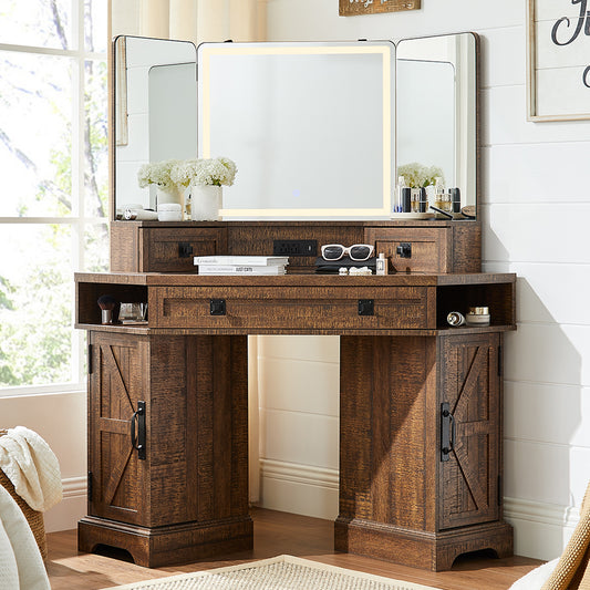 OKD 48" Corner Vanity Desk with Lighted Mirror & Charging Station, Farmhouse Makeup Vanity Table with Glass Top, 3 Drawers & 2 Cabinets