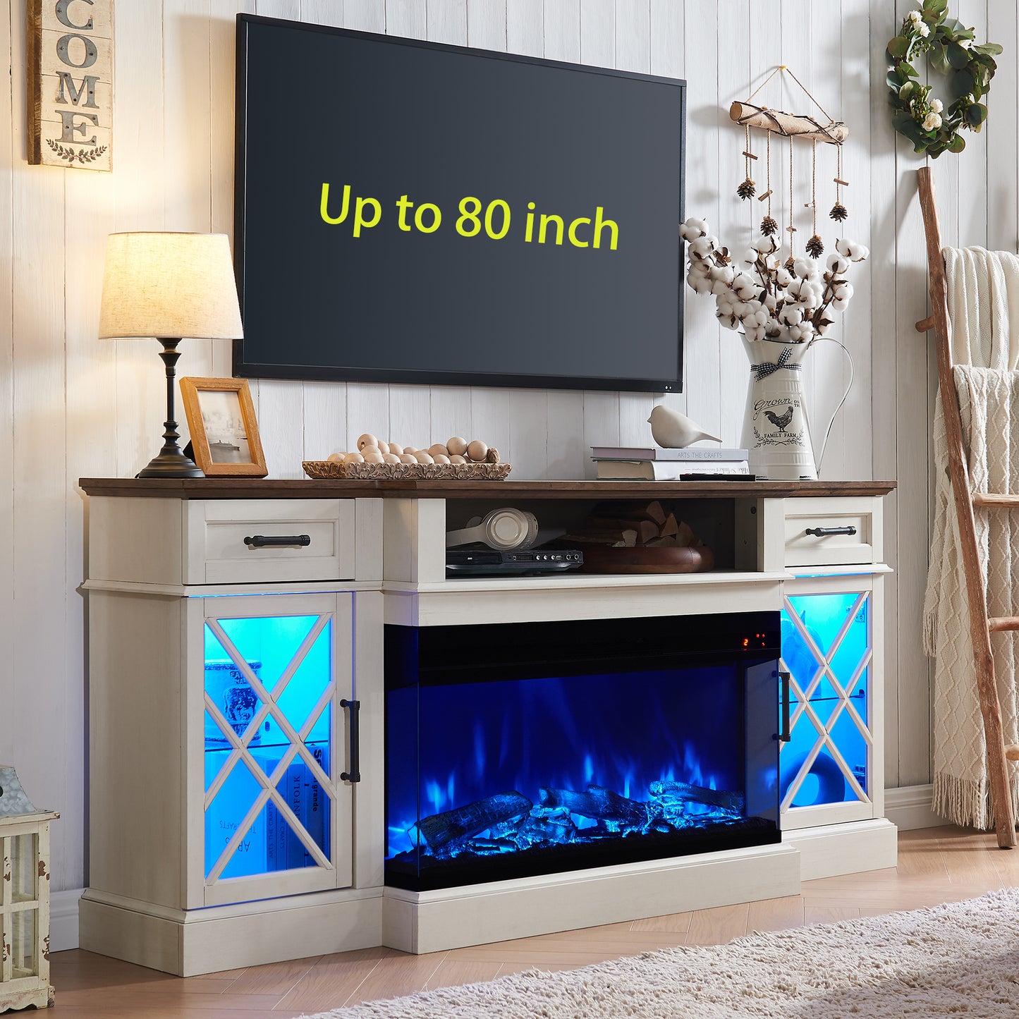 OKD 3-Sided Industrial Farmhouse Electric Fireplace TV Stand With Storage