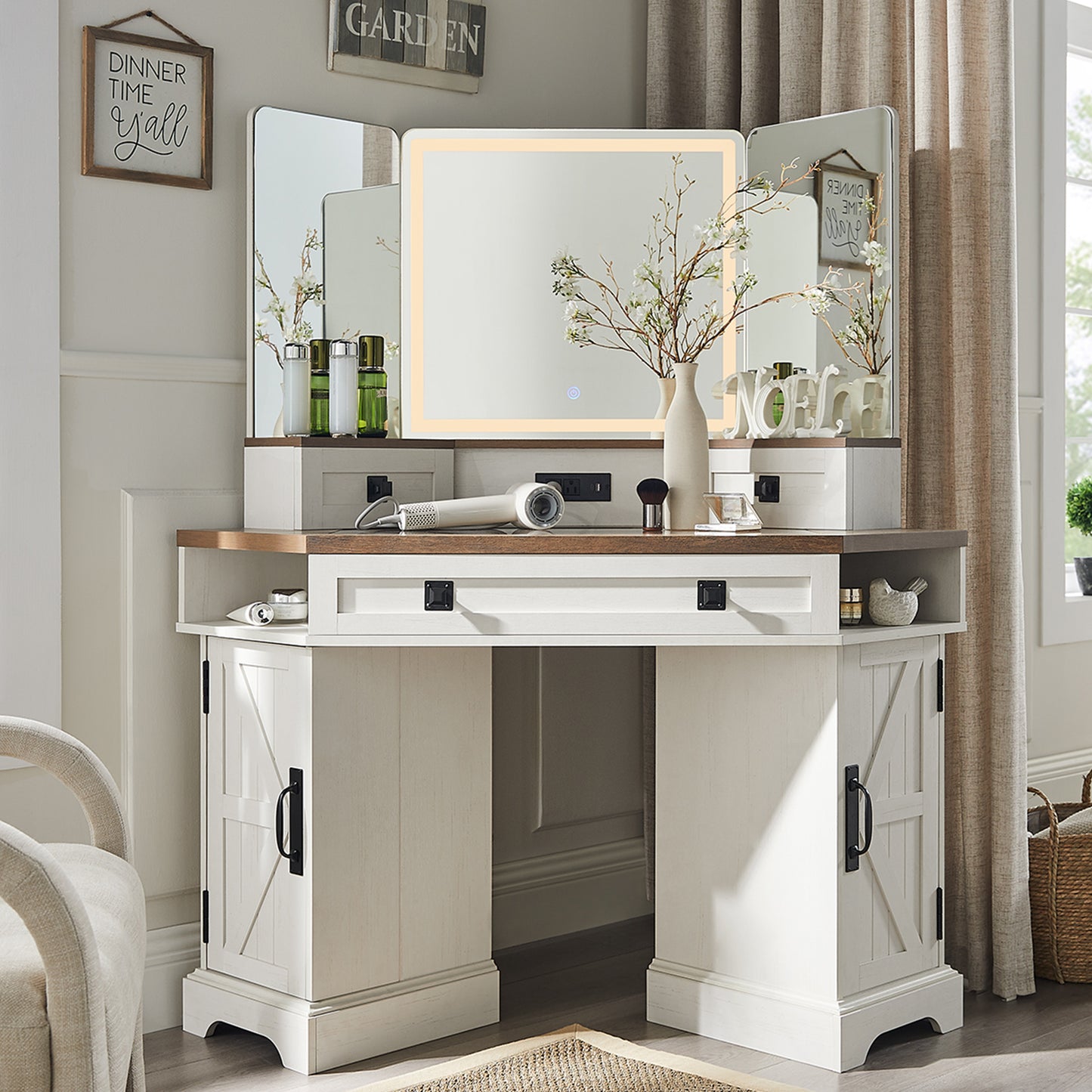 OKD 48" Corner Vanity Desk with Lighted Mirror & Charging Station, Farmhouse Makeup Vanity Table with Glass Top, 3 Drawers & 2 Cabinets