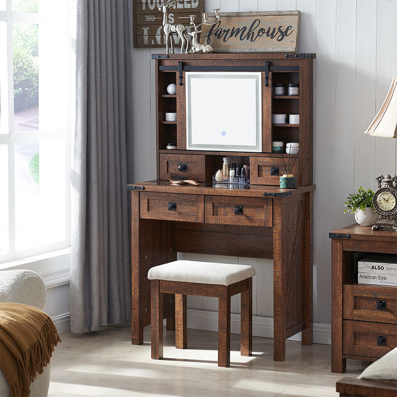 OKD Farmhouse 32 inch Makeup Vanity Desk with Sliding Mirror and Lights, Glass Tabletop