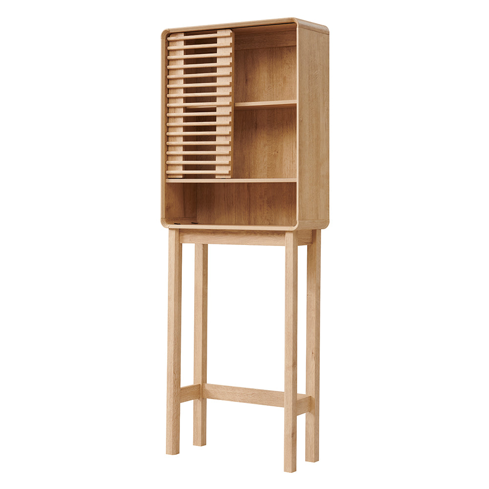 OKD Over The Toilet Storage Cabinet, 68" Tall Mid-Century Bathroom Organizer w/Adjustable Shelf, Slatted Sliding Door and Curved Edges