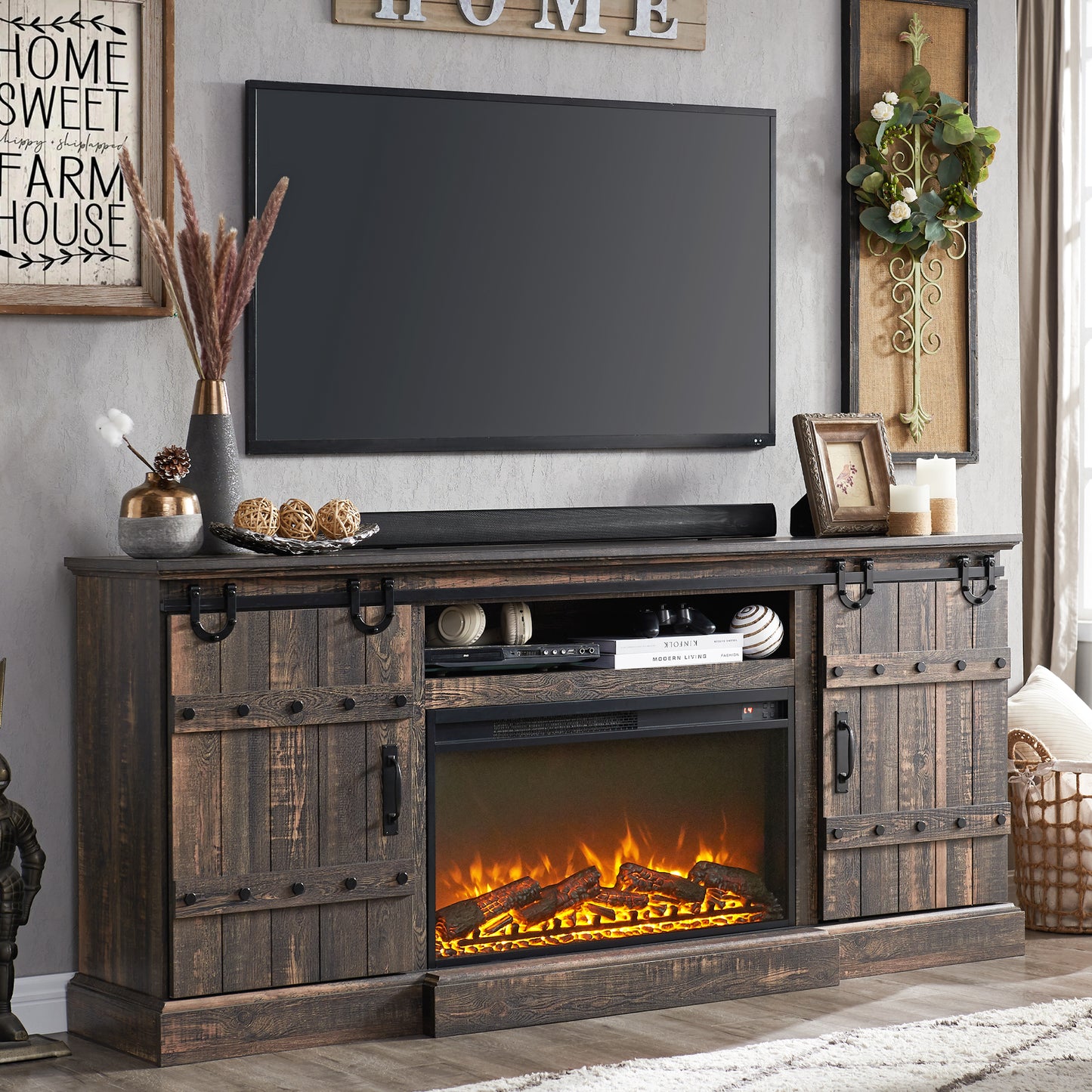 OKD Farmhouse 70" Fireplace TV Stand for TVs up to 80" , Entertainment Center with 30" Electric Fireplace, Dark Rustic Oak