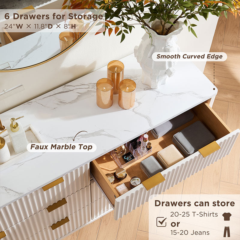 OKD Modern Fluted 6 Drawers Dresser with Faux Marble Top