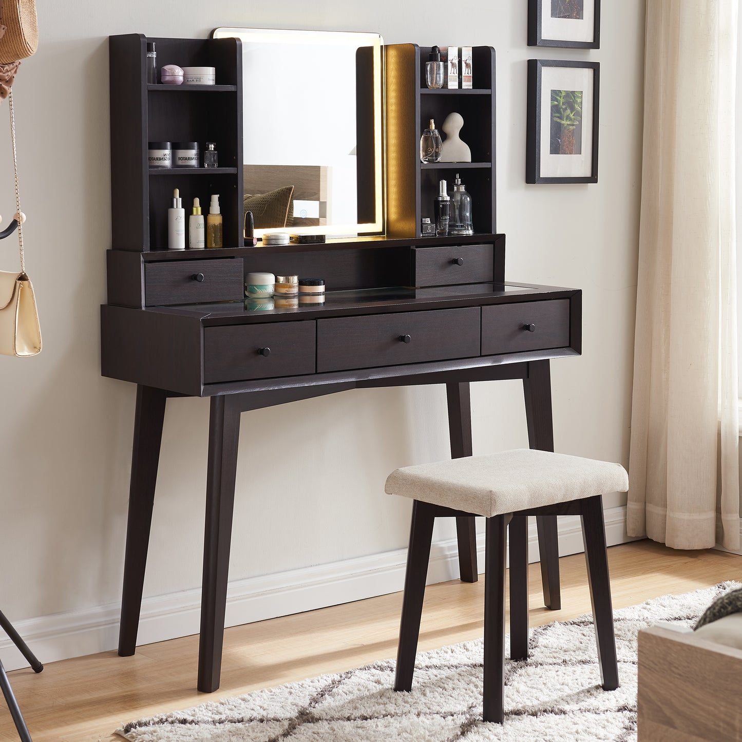 OKD 42 inch Modern Makeup Vanity Desk with Mirror and Lights