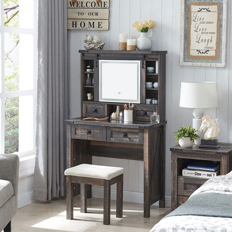 OKD Farmhouse 32 inch Makeup Vanity Desk with Sliding Mirror and Lights, Glass Tabletop