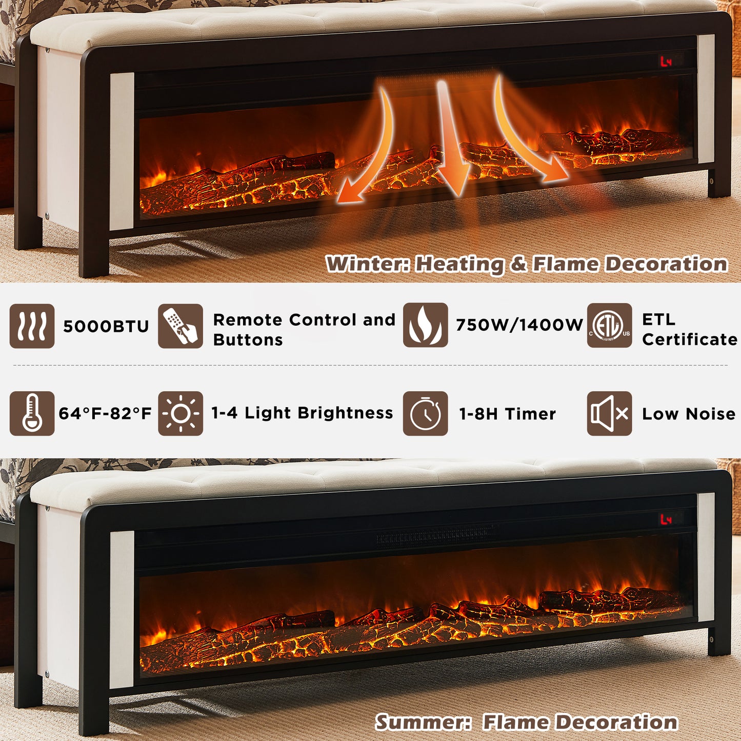 OKD Bed Frame with 48/54 Wide Electric Fireplace, Metal Platform with Button Upholstered Bench