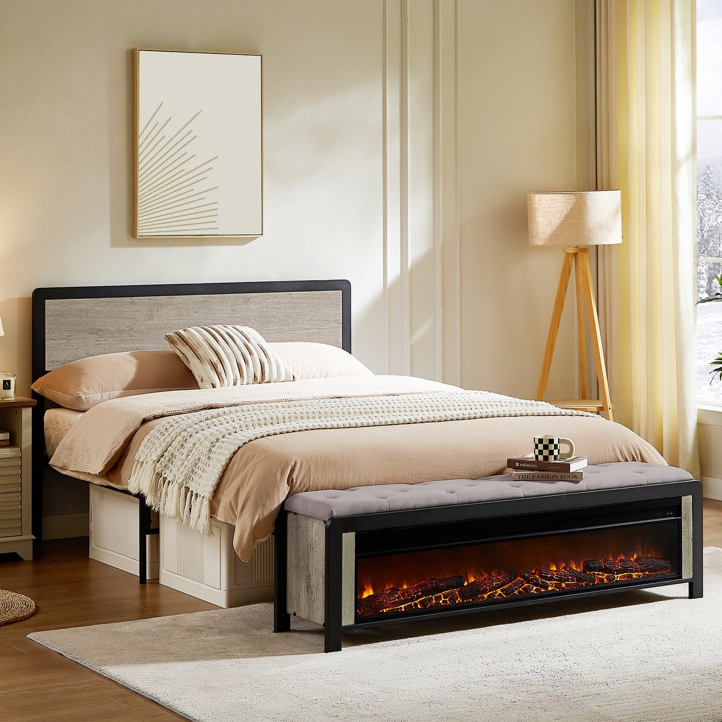 OKD Bed Frame with 48/54 Wide Electric Fireplace, Metal Platform with Button Upholstered Bench