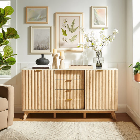 OKD Fluted Sideboard Buffet Cabinet with Sliding Doors and 4 Drawers, Modern 60" Wide Coffee Bar Table