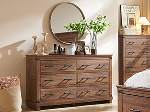 OKD Wood Farmhouse 6 Drawers Double Dresser for Bedroom
