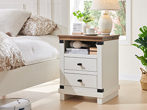 OKD Farmhouse Nightstand with Charging Station, 18 inch Rustic Side table with 2 Storage Drawers