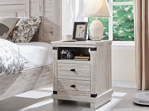 OKD Farmhouse Nightstand with Charging Station, 18 inch Rustic Side table with 2 Storage Drawers