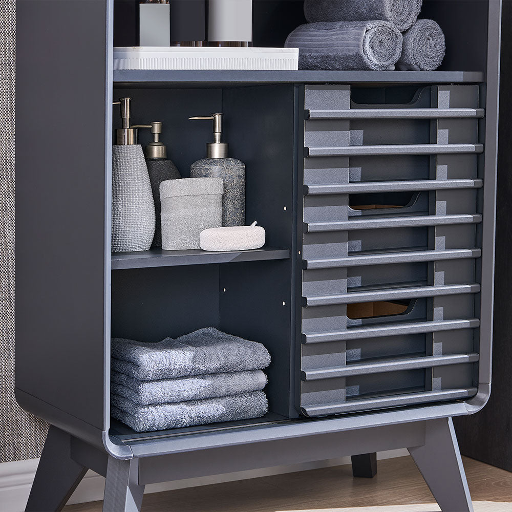 OKD Bathroom Cabinet w/3 Smooth Sliding Drawers, Storage Cabinet w/Slatted Sliding Door, Adjustable Shelf