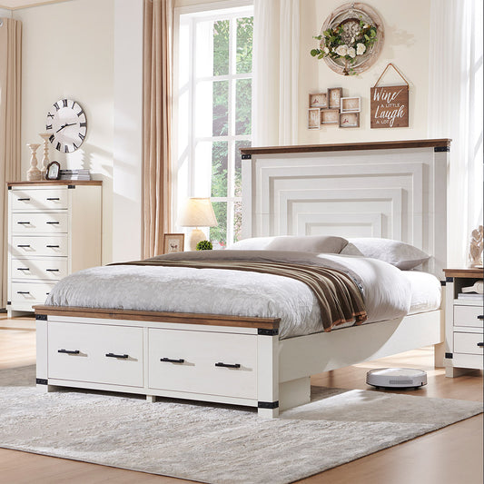 OKD Farmhouse Full/Queen/King Size Bed Frame, Geometric Headboard, 2 Large Storage Drawers