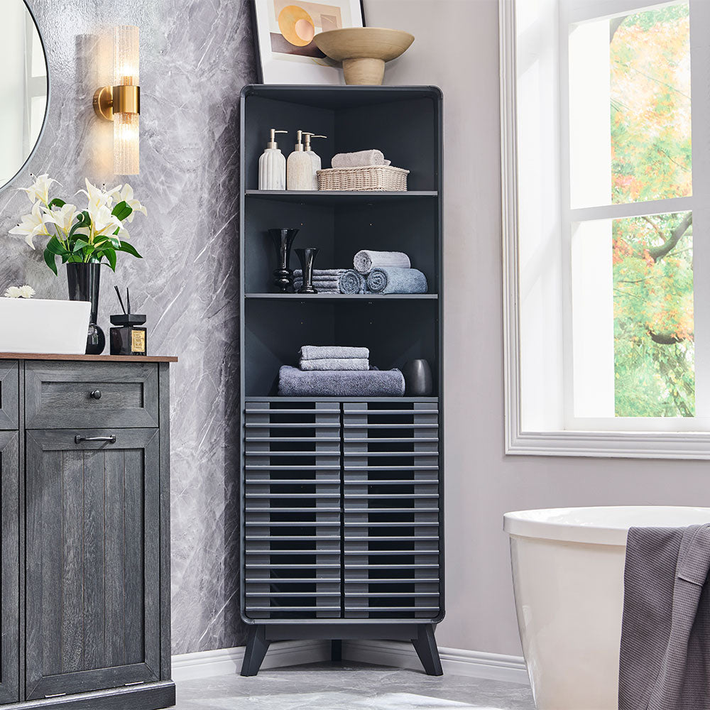 OKD Modern Corner Bathroom Cabinet 68" Tall - Adjustable Shelves Storage Organizer with Slatted Door