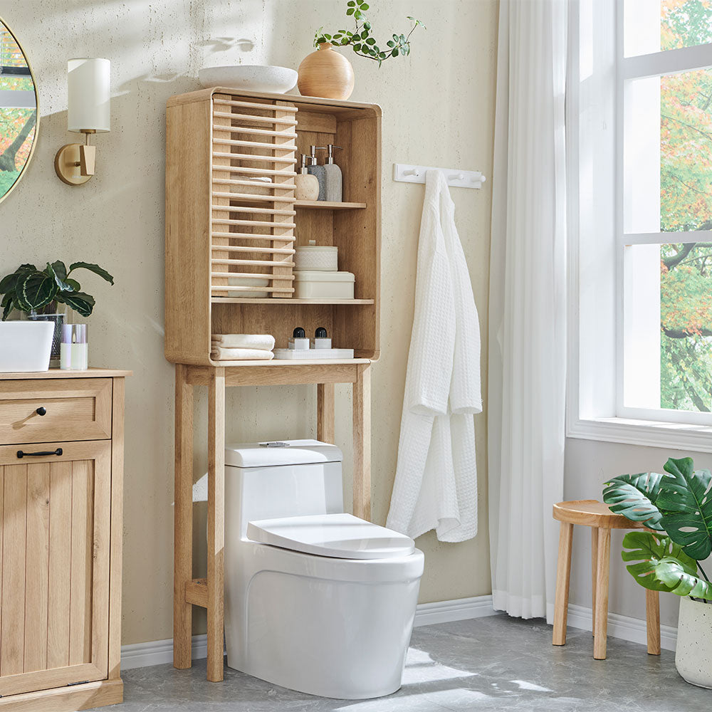 OKD Over The Toilet Storage Cabinet, 68" Tall Mid-Century Bathroom Organizer w/Adjustable Shelf, Slatted Sliding Door and Curved Edges