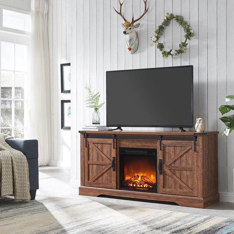 OKD Industrial Farmhouse TV Stand with 18 Inch Electric Fireplace, Up to 65+ Inch TV