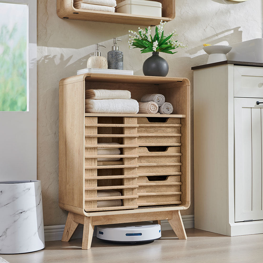 OKD Bathroom Cabinet w/3 Smooth Sliding Drawers, Storage Cabinet w/Slatted Sliding Door, Adjustable Shelf