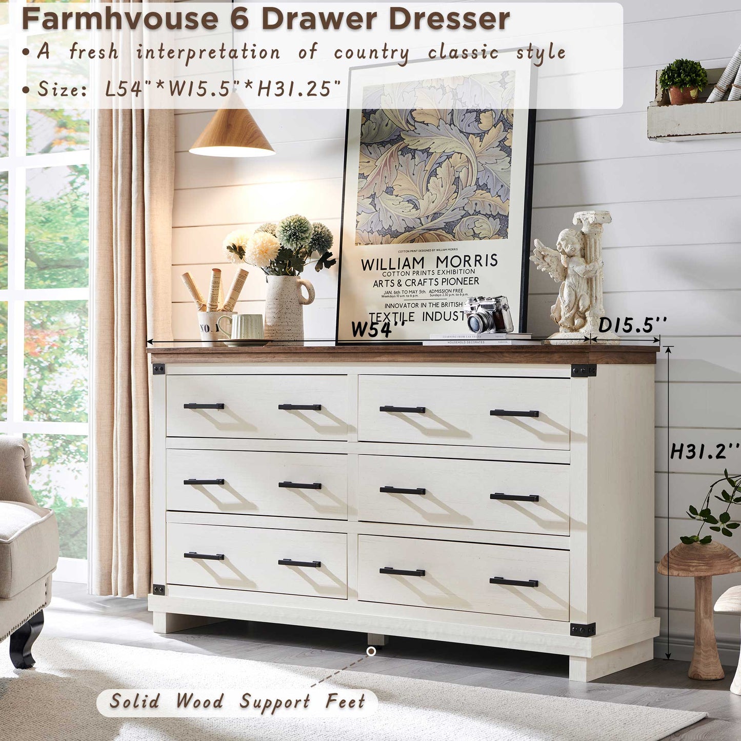 OKD Wood Farmhouse 6 Drawers Double Dresser for Bedroom