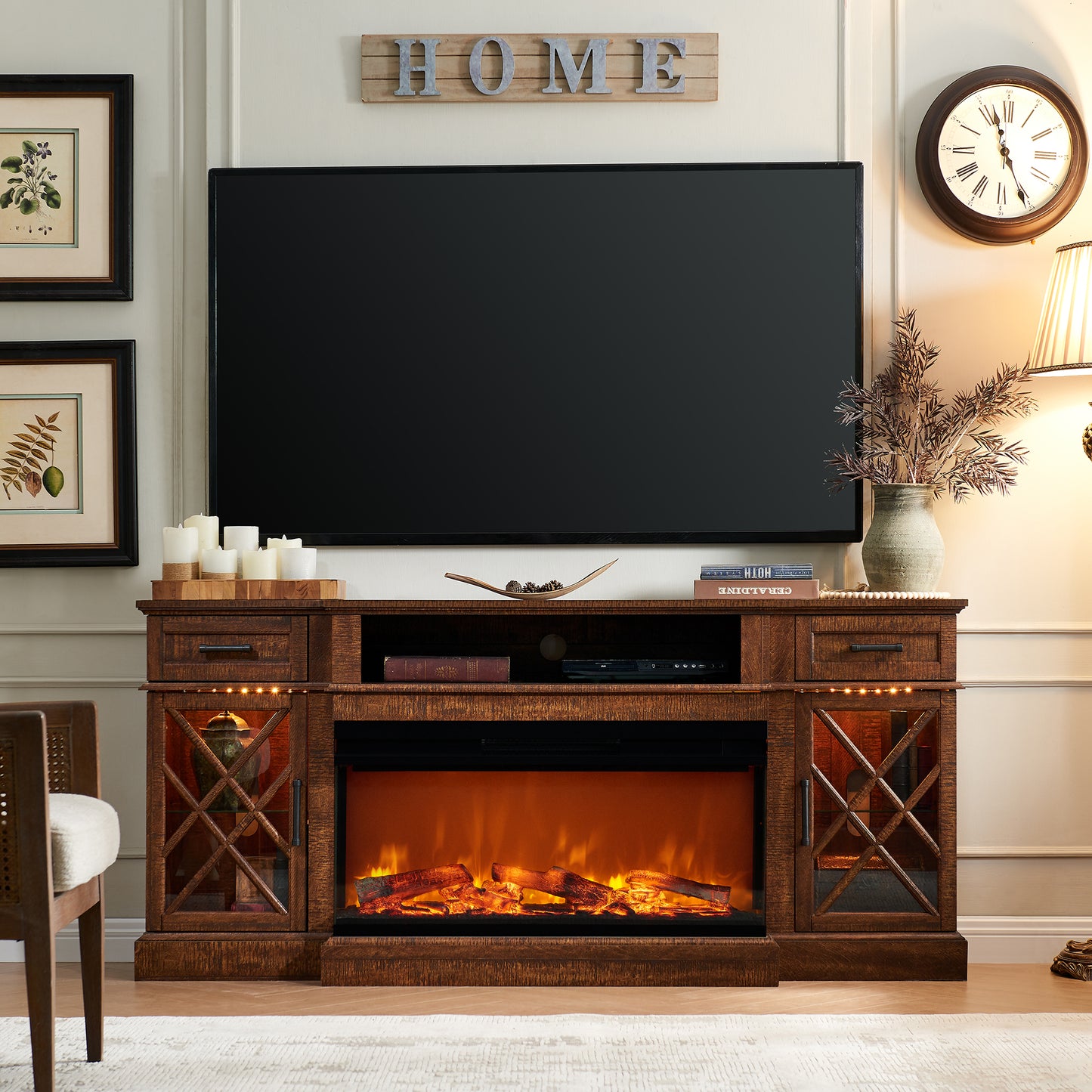 OKD 3-Sided Industrial Farmhouse Electric Fireplace TV Stand With Storage