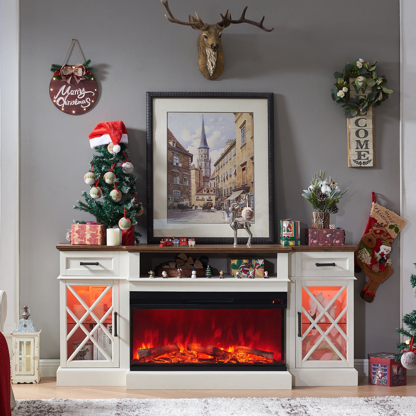 OKD 3-Sided Industrial Farmhouse Electric Fireplace TV Stand With Storage