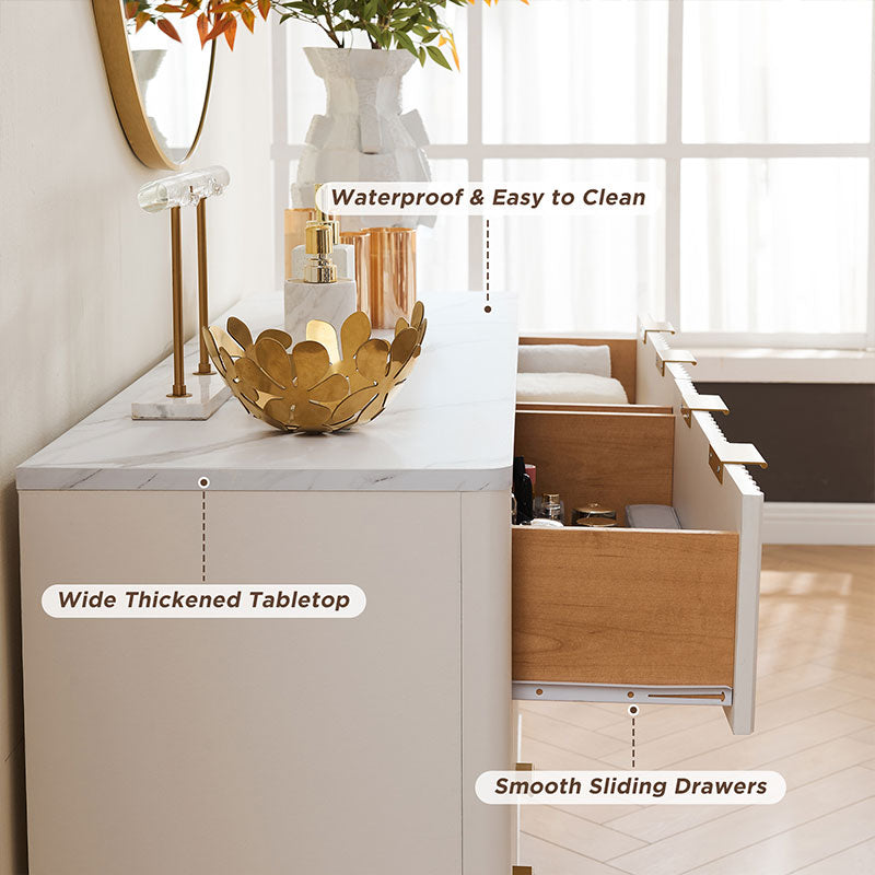 OKD Modern Fluted 6 Drawers Dresser with Faux Marble Top