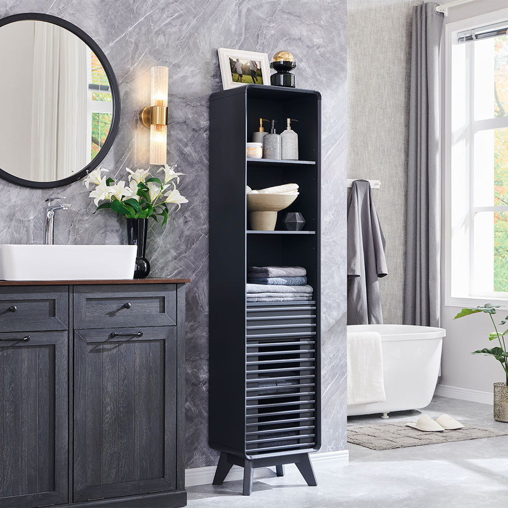 OKD 68" Tall Bathroom Storage Cabinet, Mid-Century Linen Tower with Drawer, Adjustable Shelf, Slatted Hinged Door