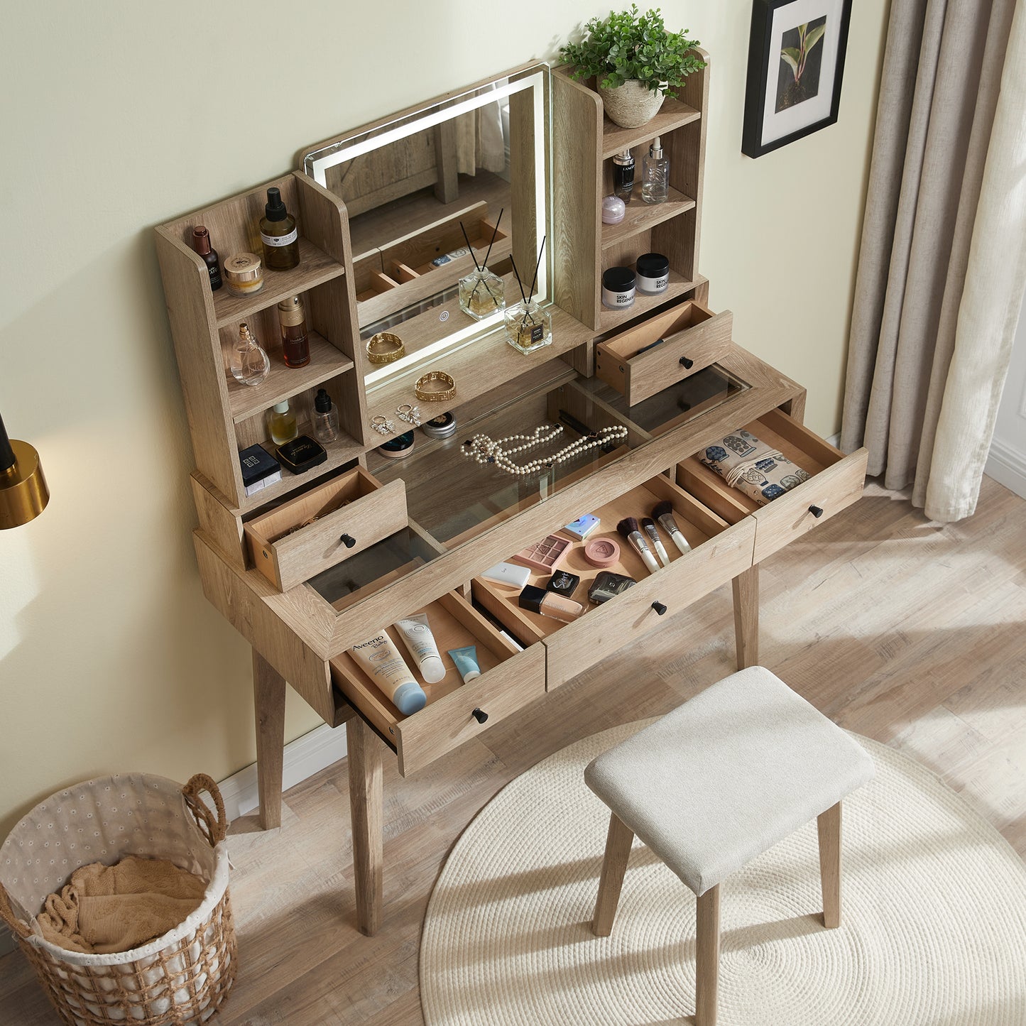 OKD 42 inch Modern Makeup Vanity Desk with Mirror and Lights