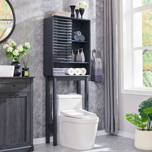 OKD Over The Toilet Storage Cabinet, 68" Tall Mid-Century Bathroom Organizer w/Adjustable Shelf, Slatted Sliding Door and Curved Edges