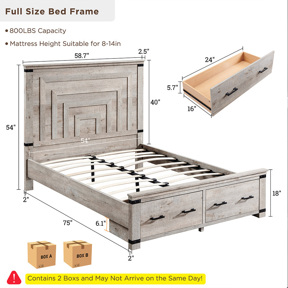 OKD Farmhouse Full/Queen/King Size Bed Frame, Geometric Headboard, 2 Large Storage Drawers