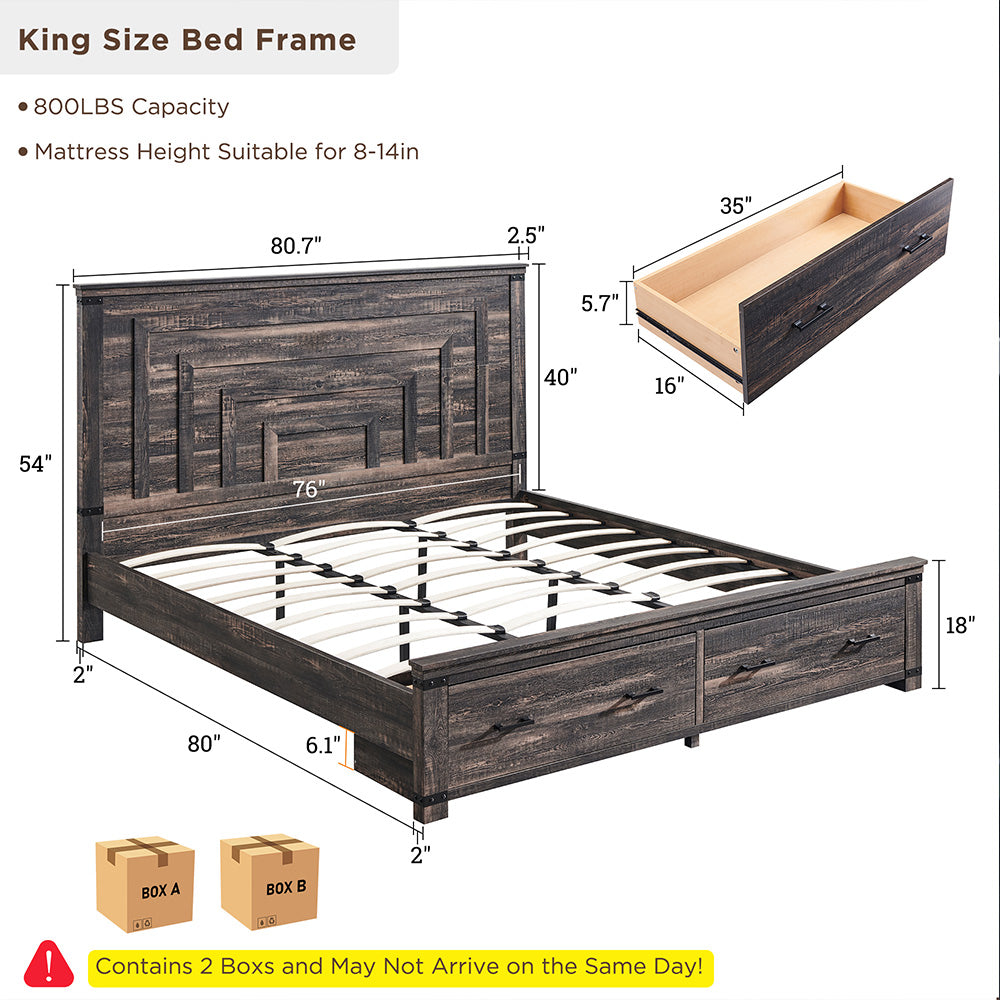 OKD Farmhouse Full/Queen/King Size Bed Frame, Geometric Headboard, 2 Large Storage Drawers