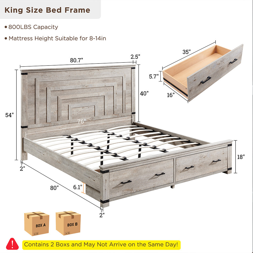 OKD Farmhouse Full/Queen/King Size Bed Frame, Geometric Headboard, 2 Large Storage Drawers