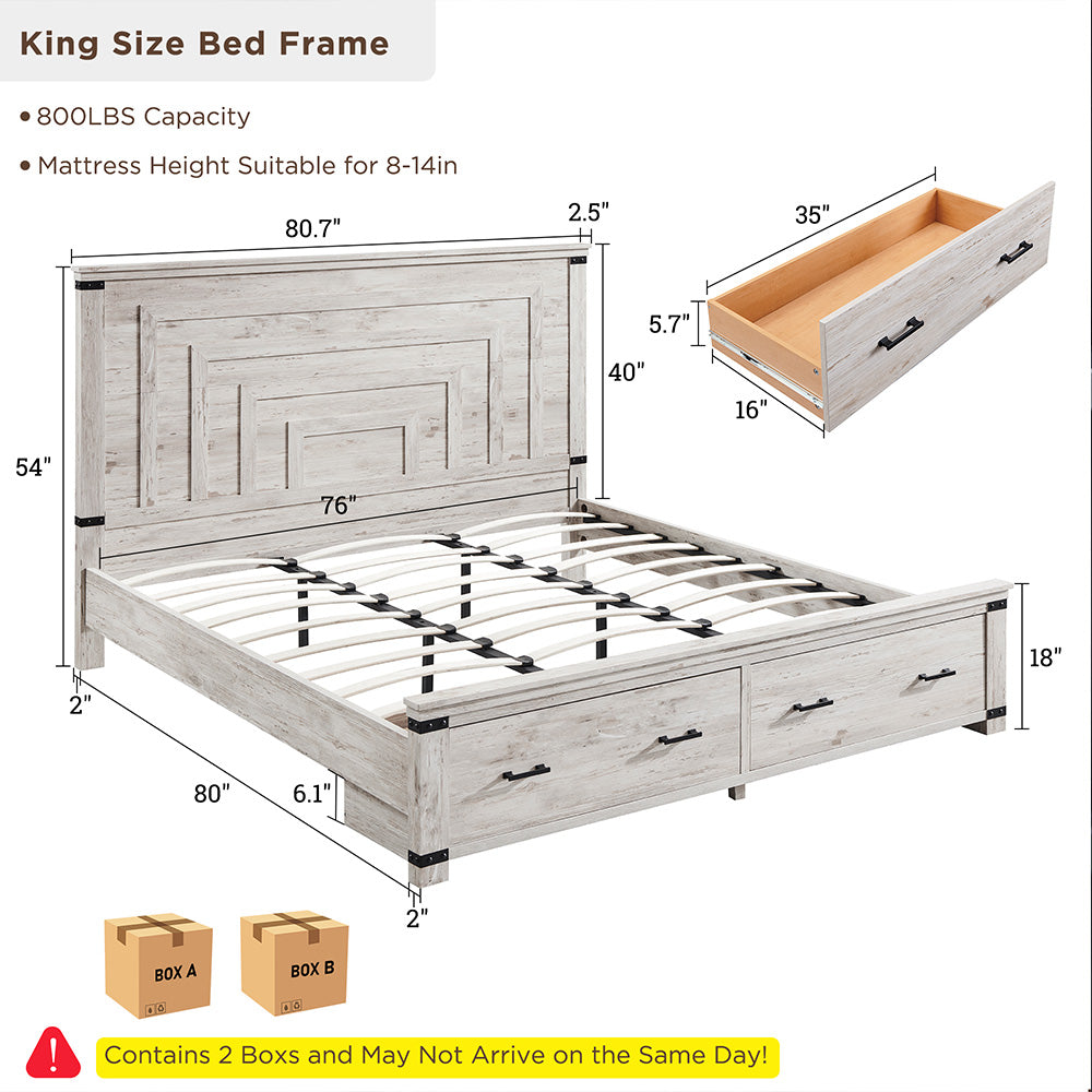 OKD Farmhouse Full/Queen/King Size Bed Frame, Geometric Headboard, 2 Large Storage Drawers