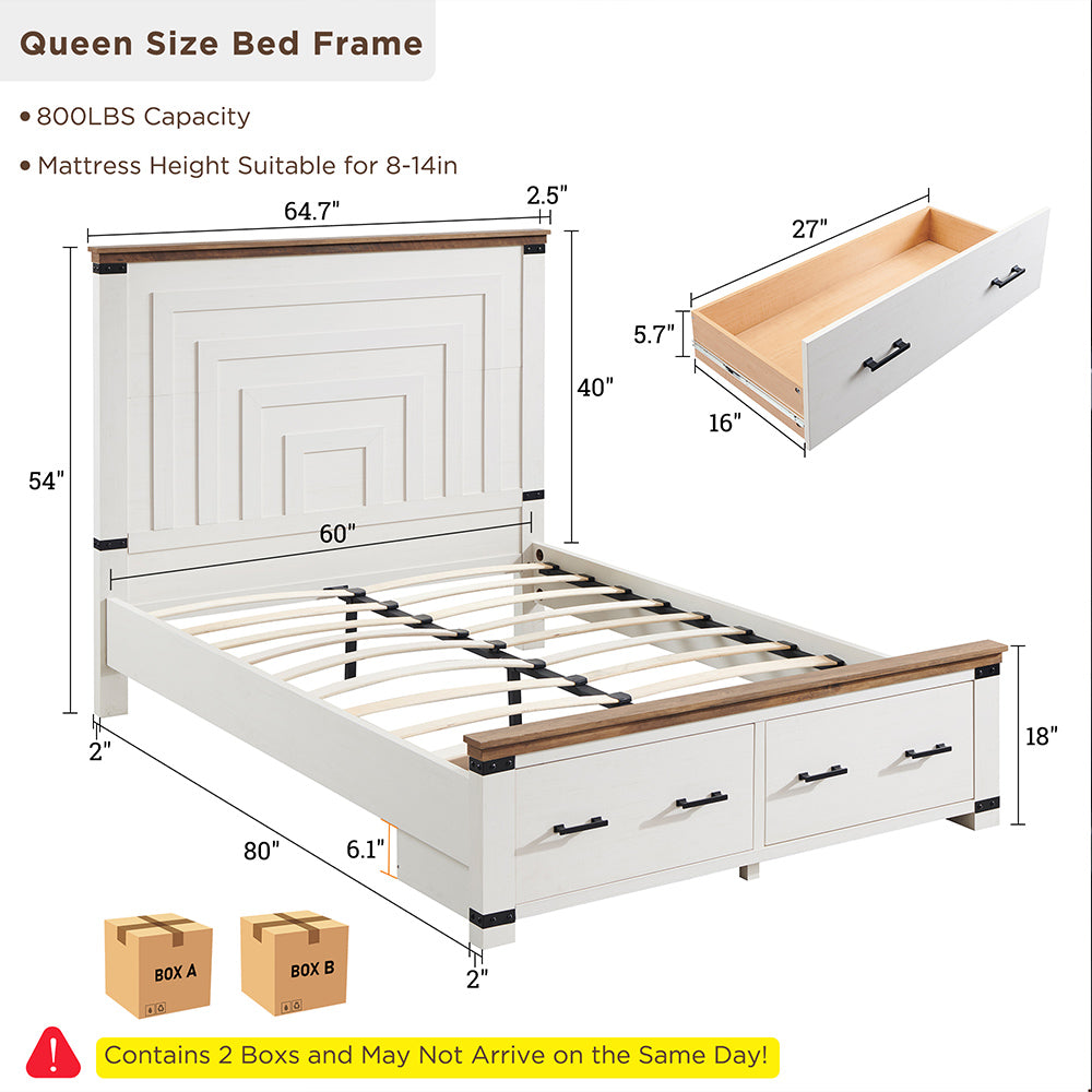 OKD Farmhouse Full/Queen/King Size Bed Frame, Geometric Headboard, 2 Large Storage Drawers