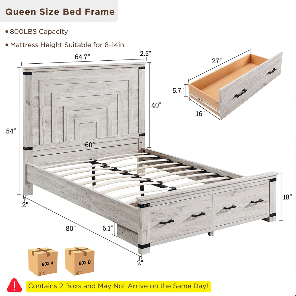 OKD Farmhouse Full/Queen/King Size Bed Frame, Geometric Headboard, 2 Large Storage Drawers
