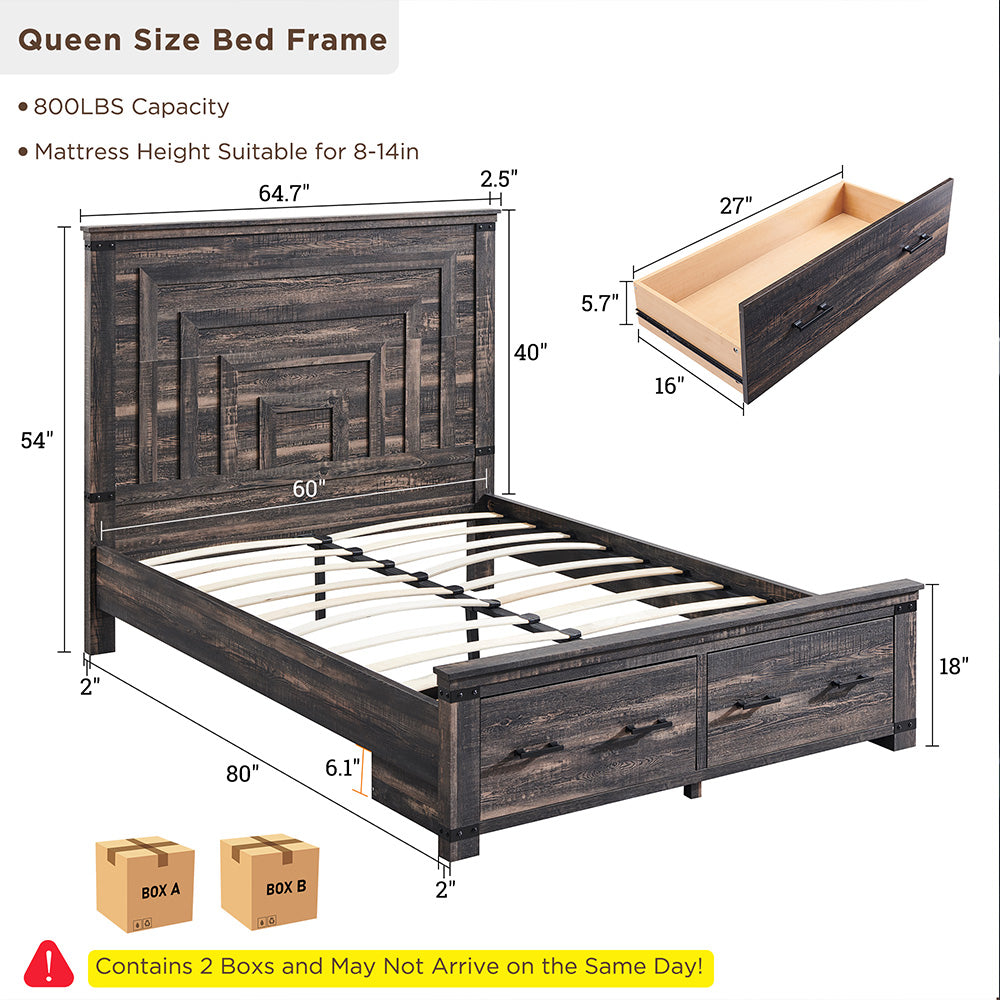 OKD Farmhouse Full/Queen/King Size Bed Frame, Geometric Headboard, 2 Large Storage Drawers